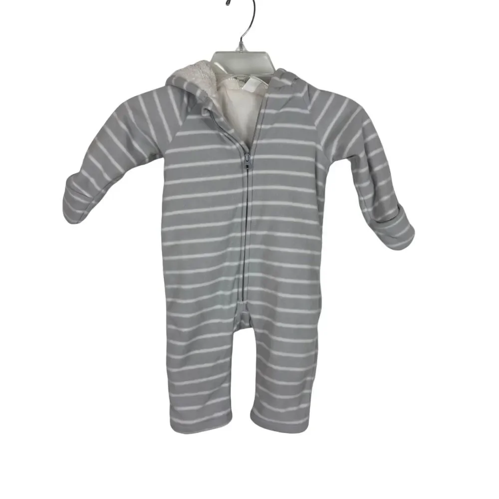 Old Navy Plush Fleece One-Piece Ear Hood Footless Striped Suit Baby 12-18 Month